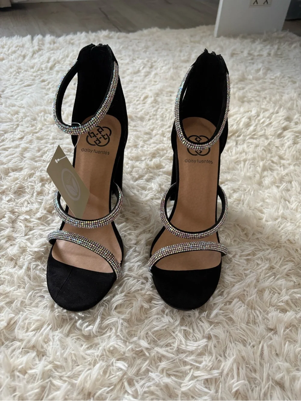 Daisy Fuentes Black Suede Block Heels with Crystal Straps